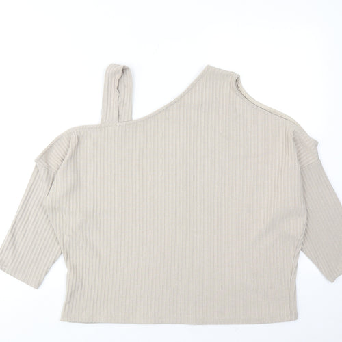 River Island Womens Beige Polyester Cropped T-Shirt Size 14 V-Neck - Asymmetric Neckline
