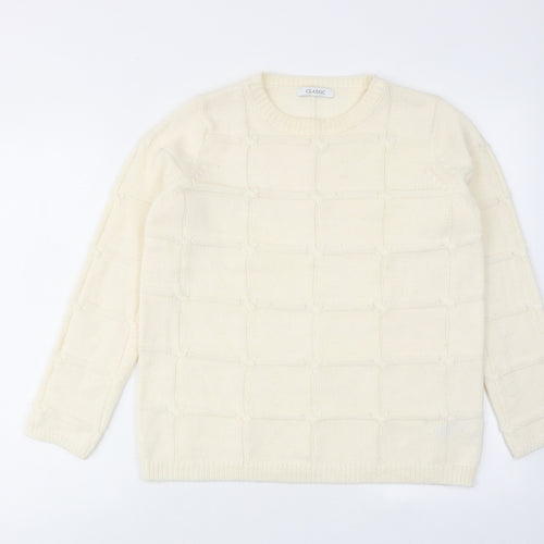 Classic Womens Ivory Round Neck Acrylic Pullover Jumper Size 6