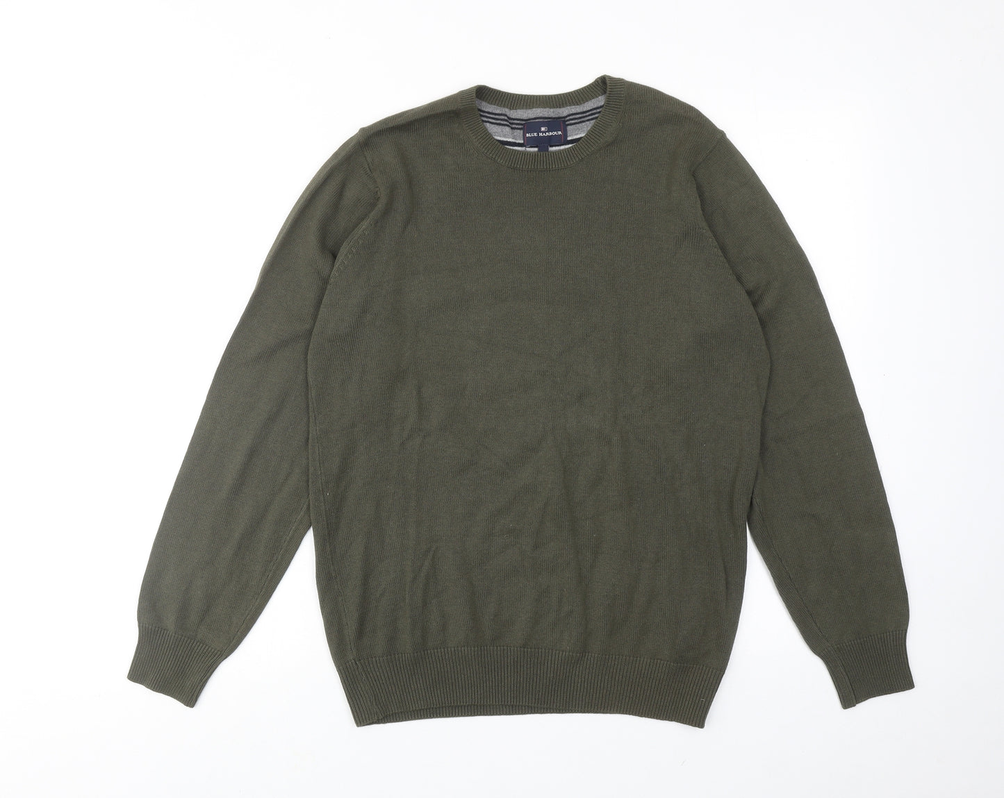 Blue Harbour Mens Green Round Neck Cotton Pullover Jumper Size S Long Sleeve