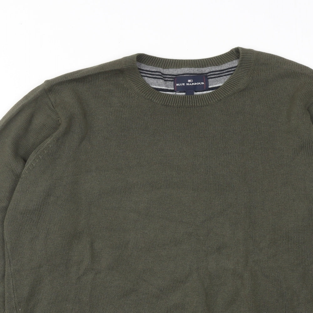 Blue Harbour Mens Green Round Neck Cotton Pullover Jumper Size S Long Sleeve