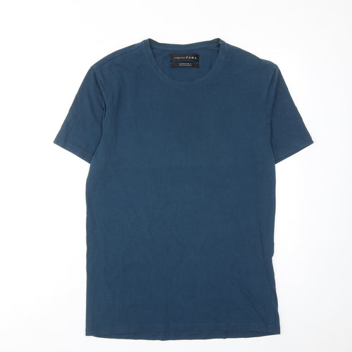 Zara Mens Blue Cotton T-Shirt Size L Round Neck
