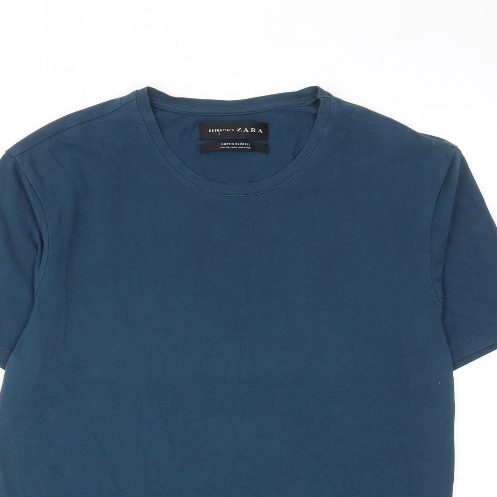 Zara Mens Blue Cotton T-Shirt Size L Round Neck