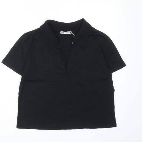 Zara Womens Black Cotton Basic Polo Size S Collared