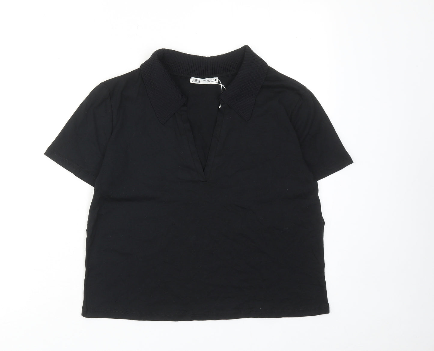 Zara Womens Black Cotton Basic Polo Size S Collared