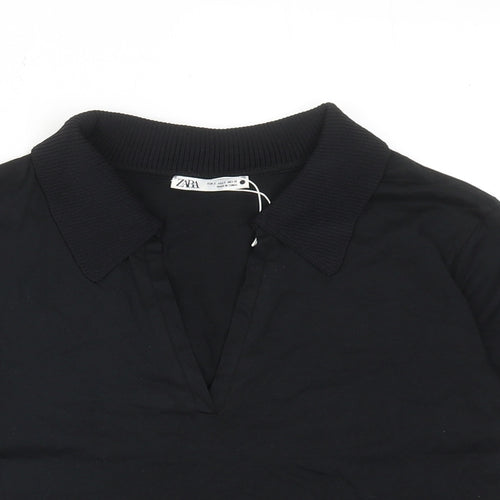 Zara Womens Black Cotton Basic Polo Size S Collared