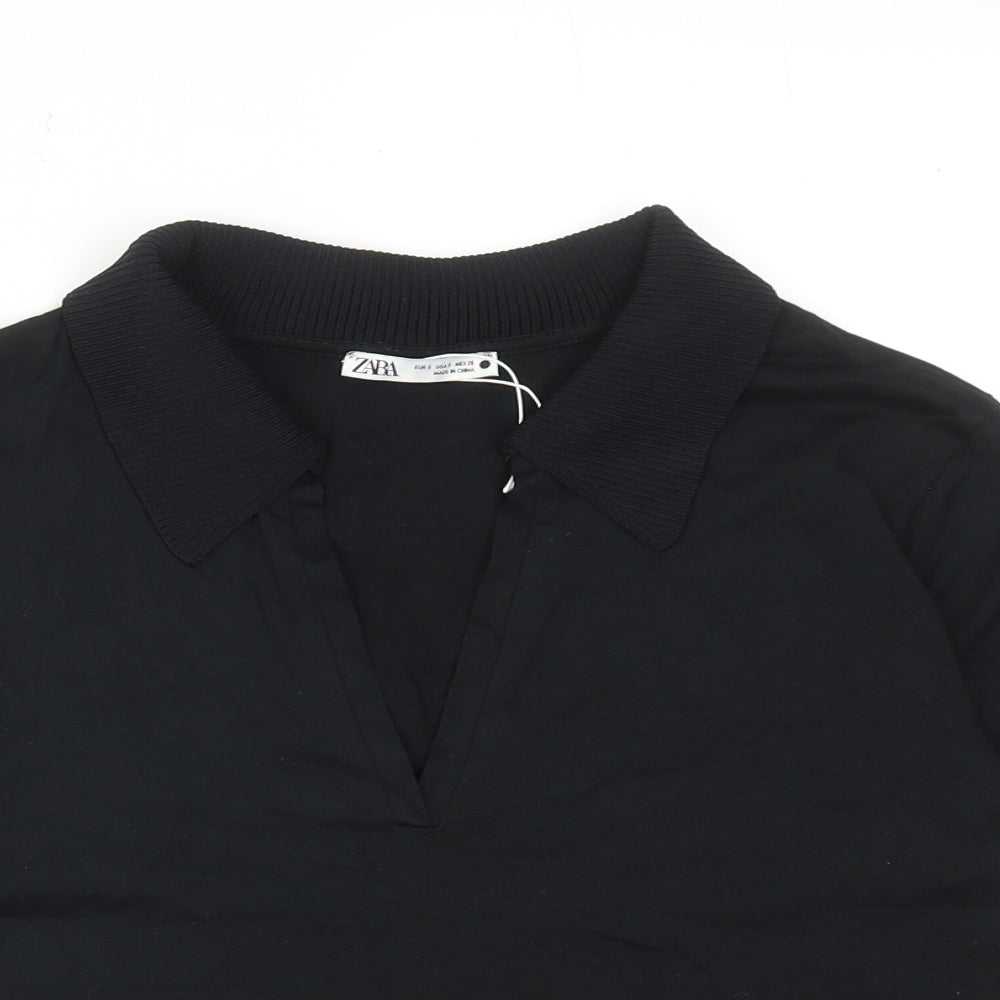 Zara Womens Black Cotton Basic Polo Size S Collared