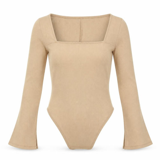 Front view of AsYou women’s beige polyester basic blouse, size UK 8, square neck - ribbed