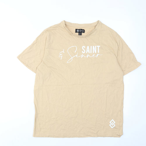 Saint+Sinner Womens Beige Cotton Basic T-Shirt Size 14 Round Neck