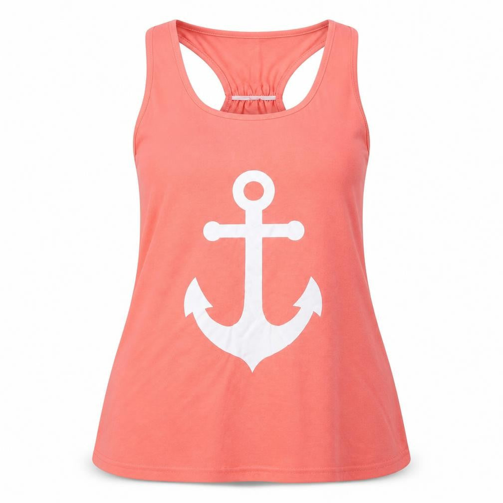 Front view of Isassy women’s pink polyester basic tank, size XL, boat neck - anchor