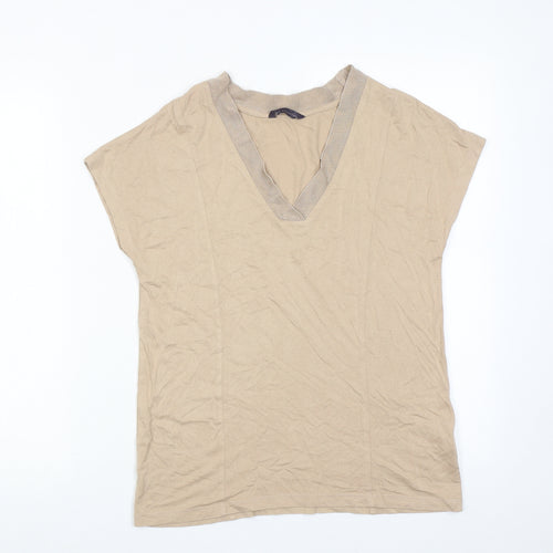 Marks and Spencer Womens Beige Viscose Basic T-Shirt Size 8 V-Neck
