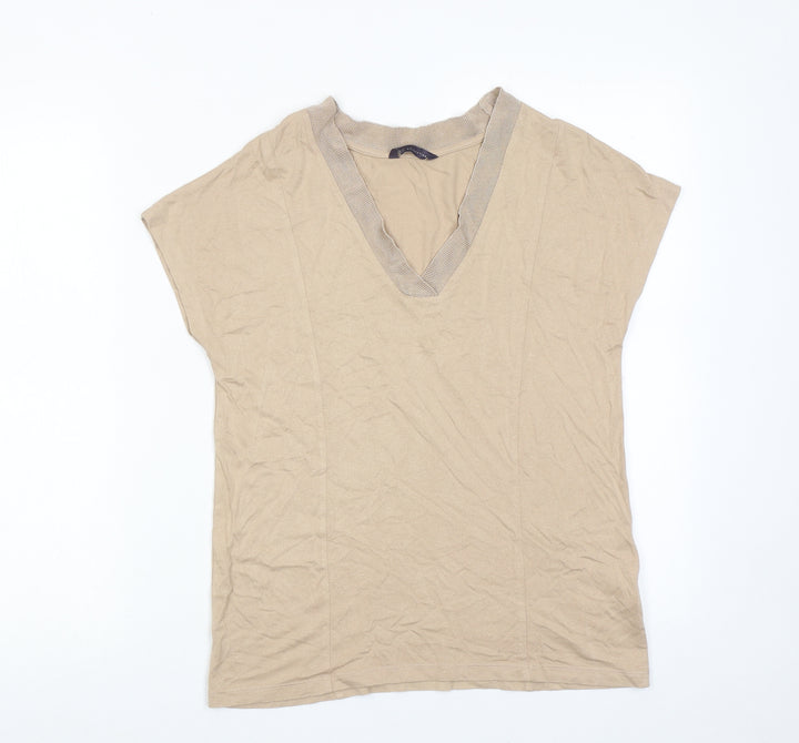 Marks and Spencer Womens Beige Viscose Basic T-Shirt Size 8 V-Neck