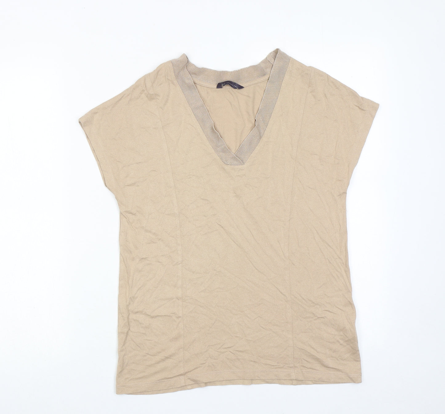 Marks and Spencer Womens Beige Viscose Basic T-Shirt Size 8 V-Neck
