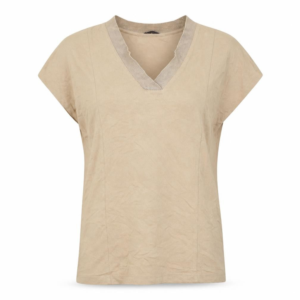 Front view of Marks & Spencer women’s beige viscose basic t-shirt, size UK 8, v-neck