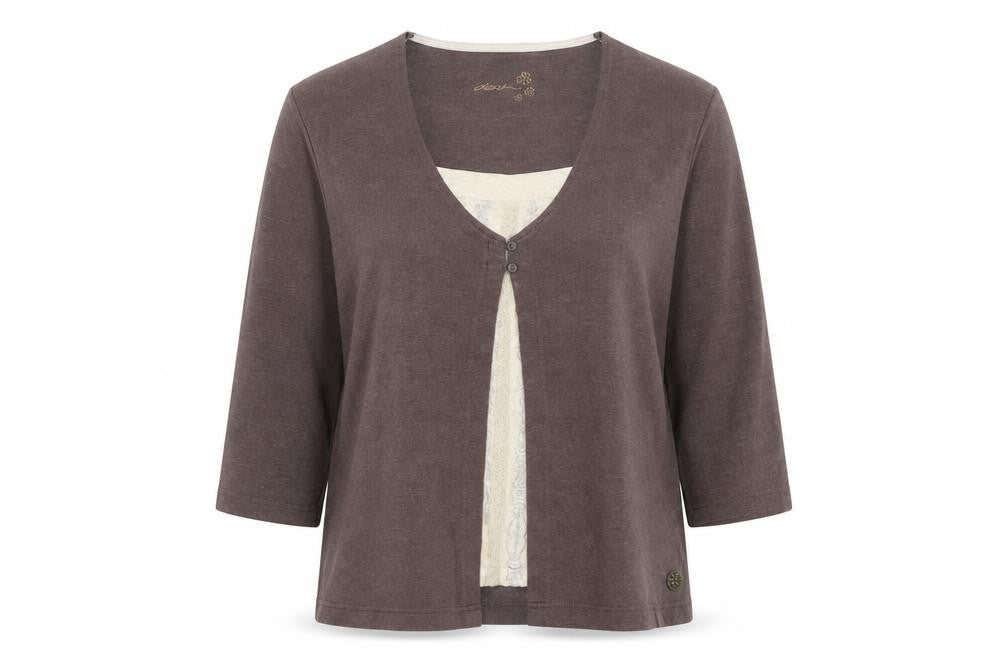 Front view of Dash women’s brown cotton basic blouse, size UK 12, scoop neck - two in one