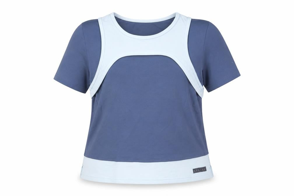 Front view of Domyos women’s blue colourblock polyester basic t-shirt, size UK 14, boat neck pullover