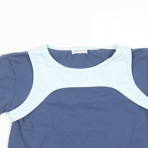 DOMYOS Womens Blue Colourblock Polyester Basic T-Shirt Size 14 Boat Neck Pullover