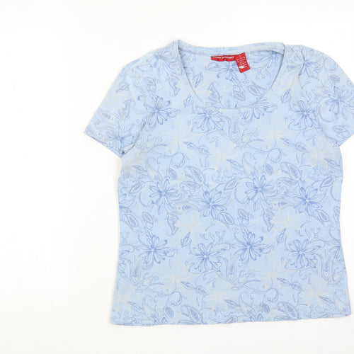 Gloria Vanderbilt Womens Blue Floral Cotton Basic T-Shirt Size L Round Neck