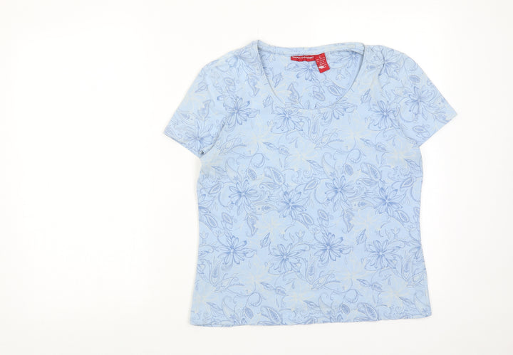 Gloria Vanderbilt Womens Blue Floral Cotton Basic T-Shirt Size L Round Neck