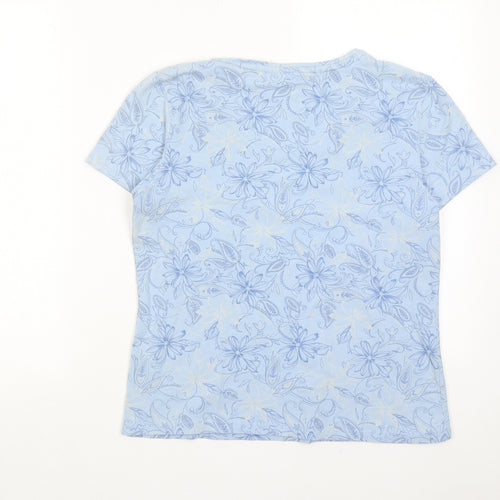 Gloria Vanderbilt Womens Blue Floral Cotton Basic T-Shirt Size L Round Neck