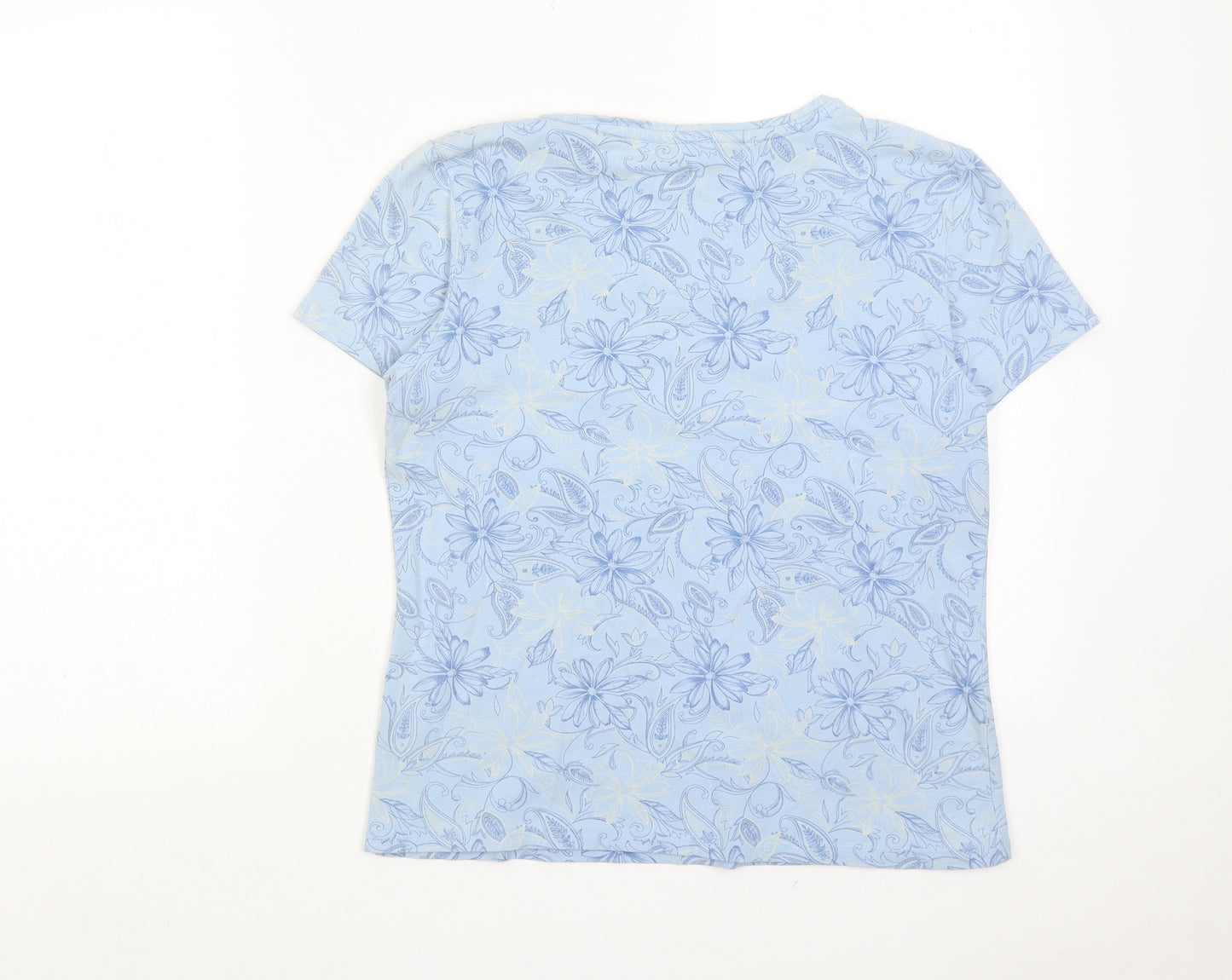 Gloria Vanderbilt Womens Blue Floral Cotton Basic T-Shirt Size L Round Neck
