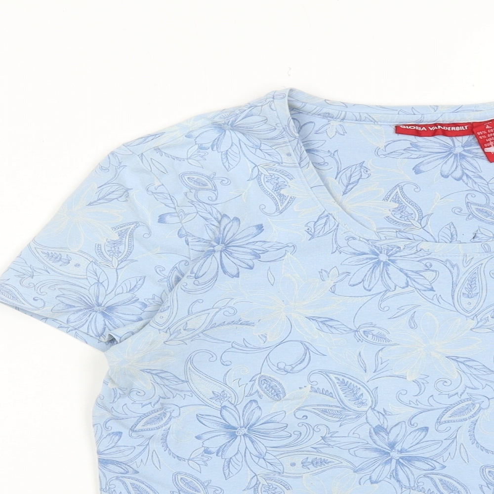 Gloria Vanderbilt Womens Blue Floral Cotton Basic T-Shirt Size L Round Neck