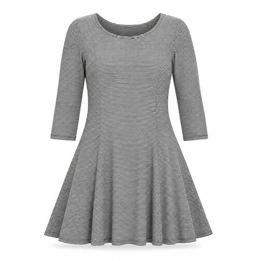 Front view of Marks & Spencer women’s black striped viscose a-line, size UK 12, round neck pullover