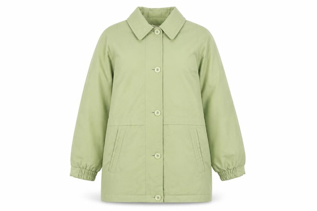 Front view of Marks & Spencer women’s green overcoat coat, size UK 10, button