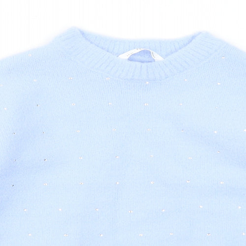 Marks and Spencer Girls Blue Round Neck Acrylic Pullover Jumper Size 7-8 Years Pullover
