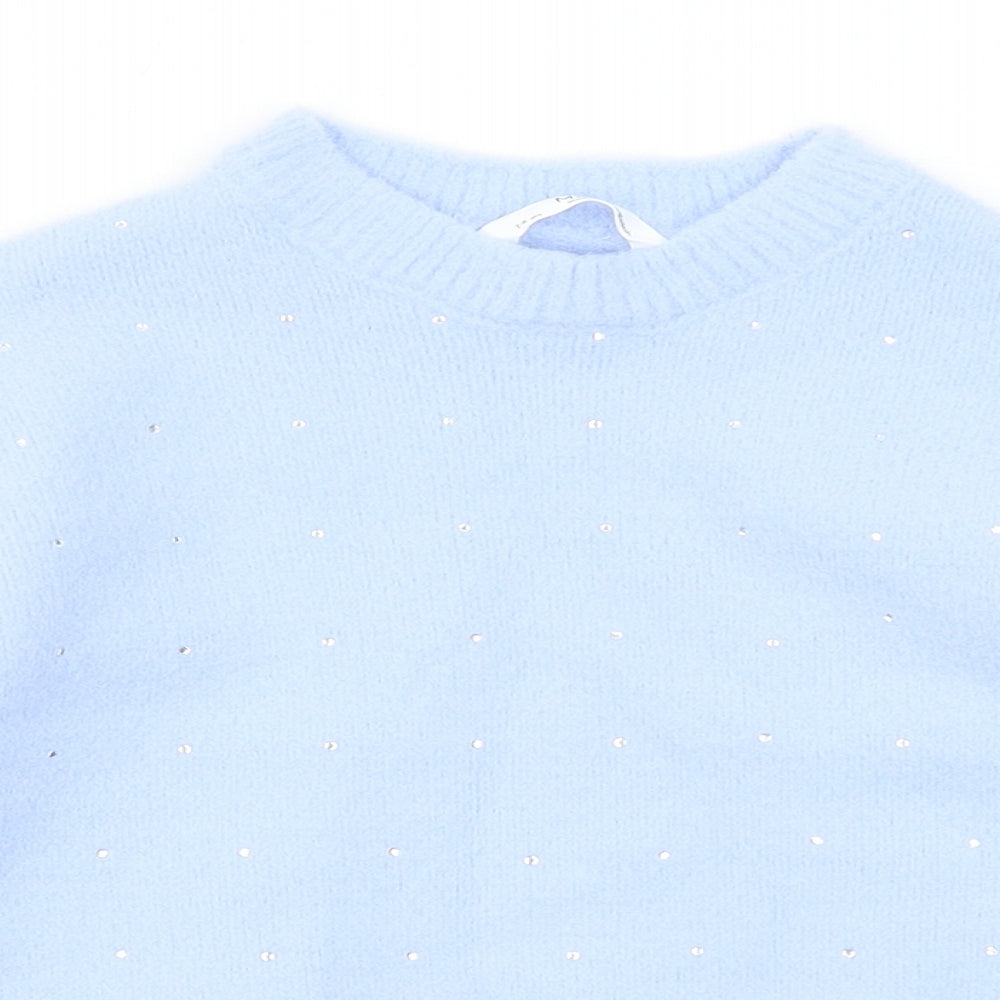 Marks and Spencer Girls Blue Round Neck Acrylic Pullover Jumper Size 7-8 Years Pullover