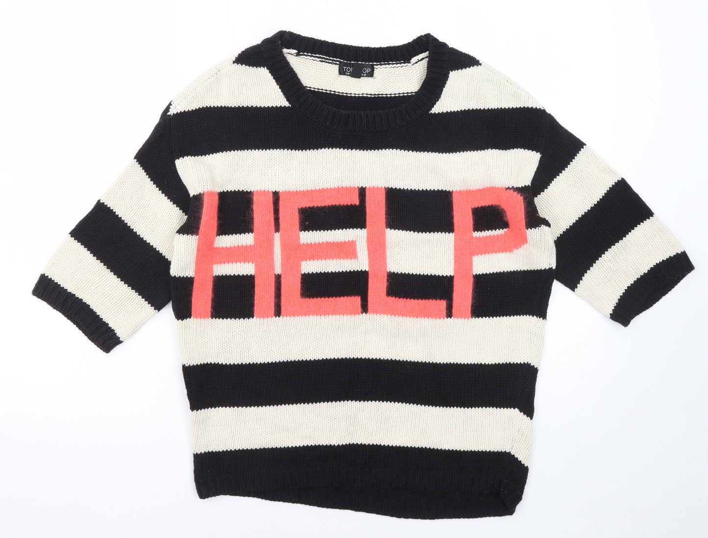 Topshop Womens Black Round Neck Striped Cotton Pullover Jumper Size 10 - Help