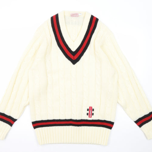 Gray Nicolls Womens White V-Neck Acrylic Pullover Jumper Size 14