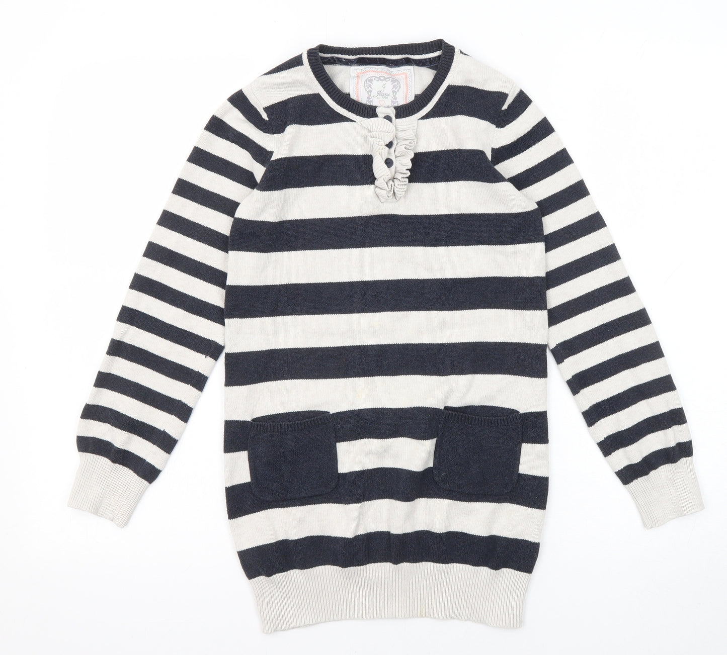 Debenhams Girls Grey Round Neck Striped Cotton Pullover Jumper Size 9-10 Years Pullover