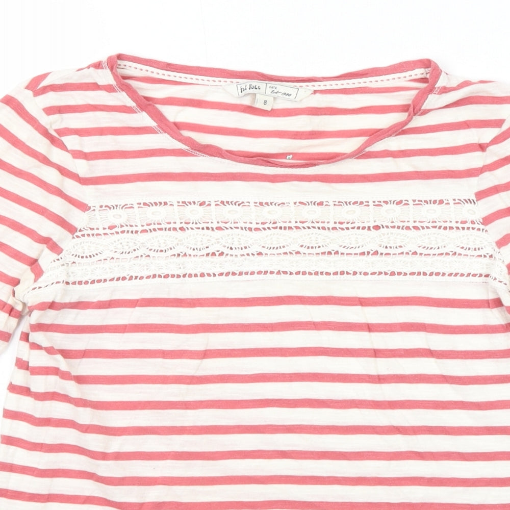 Fat Face Womens Red Striped Cotton Basic T-Shirt Size 8 Round Neck - Lace Details