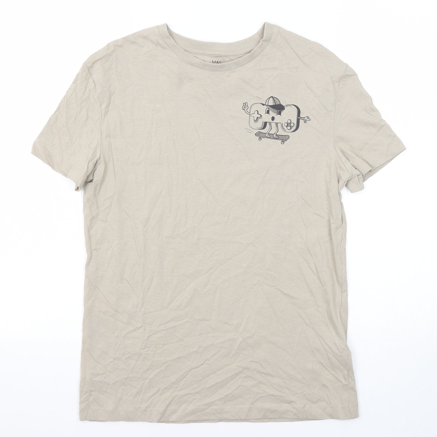 Marks and Spencer Boys Beige Polyester Basic T-Shirt Size 12-13 Years Round Neck Pullover - Gaming