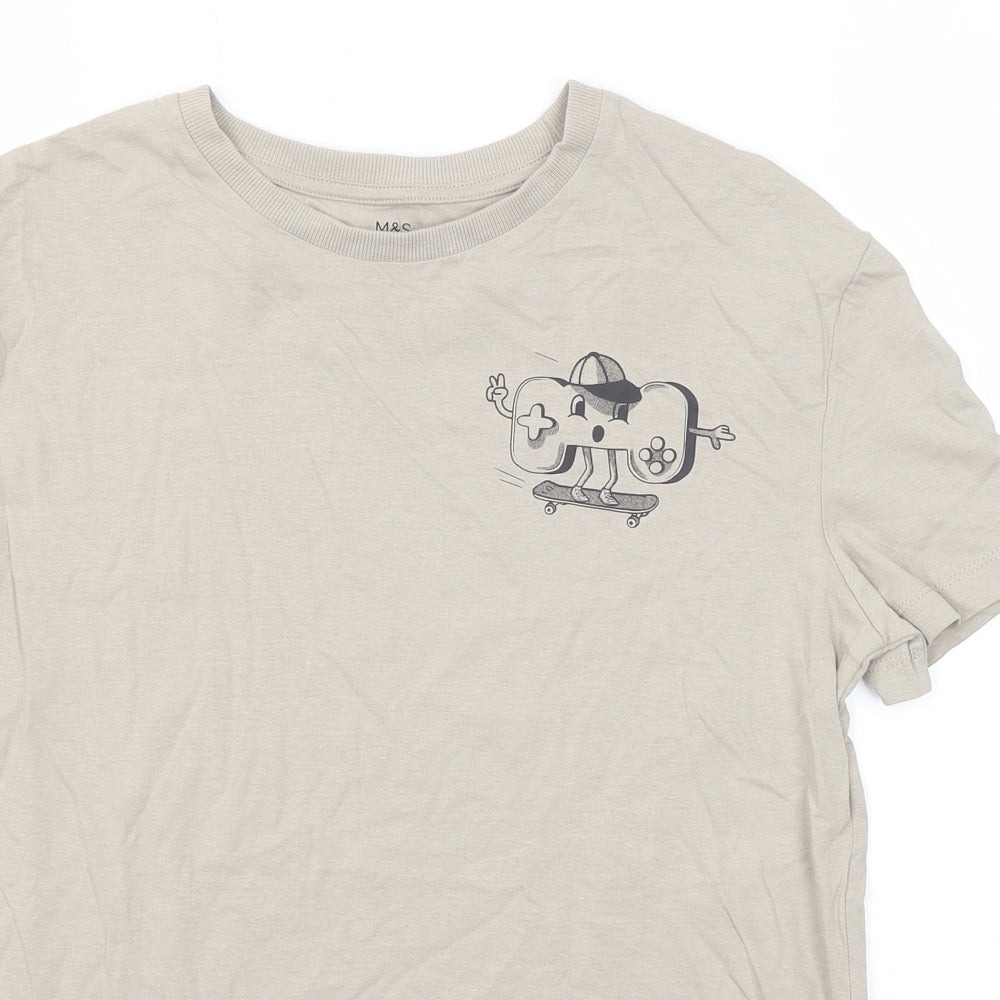 Marks and Spencer Boys Beige Polyester Basic T-Shirt Size 12-13 Years Round Neck Pullover - Gaming