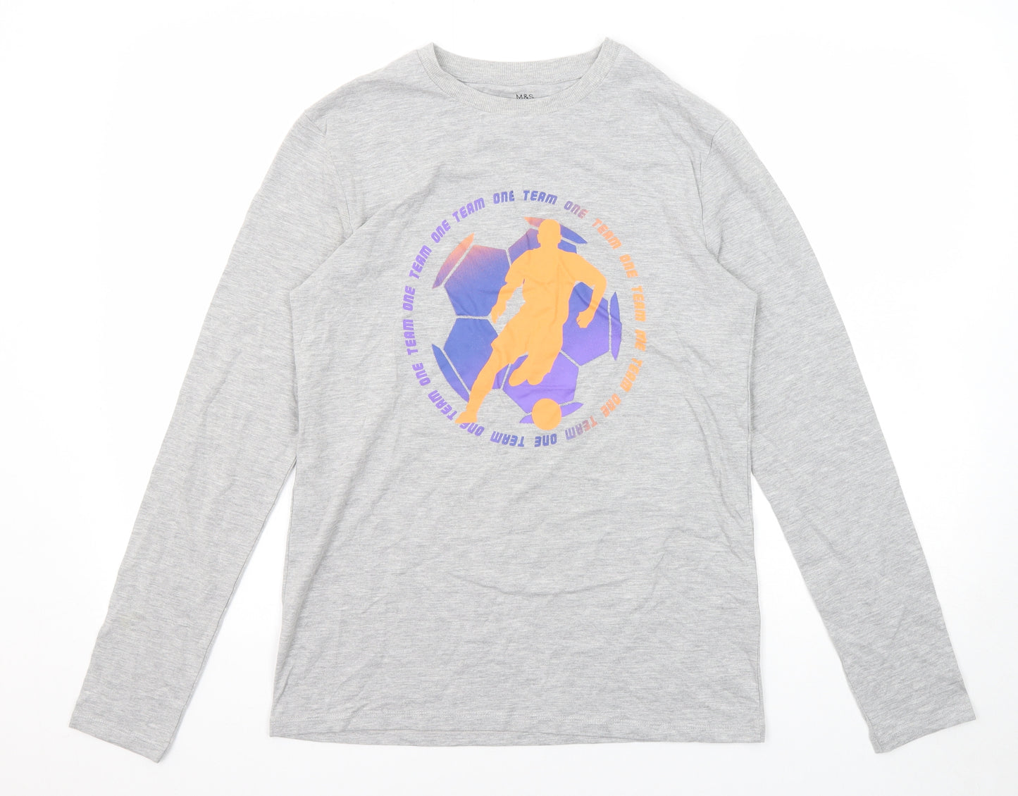 Marks and Spencer Boys Grey Polyester Basic T-Shirt Size 13-14 Years Round Neck Pullover - Team One Football