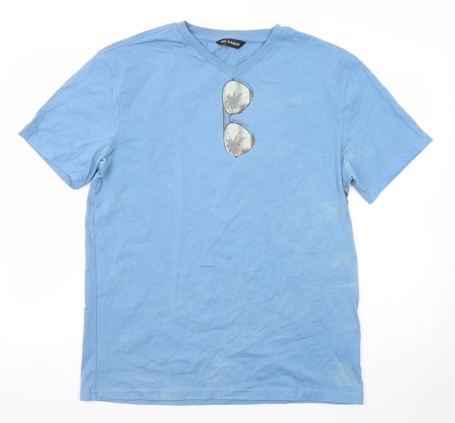 Marks and Spencer Mens Blue Cotton T-Shirt Size M V-Neck