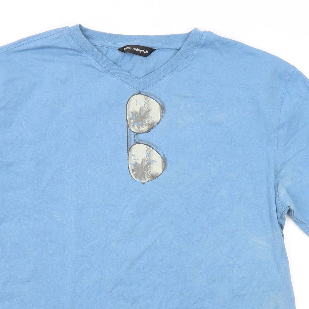 Marks and Spencer Mens Blue Cotton T-Shirt Size M V-Neck