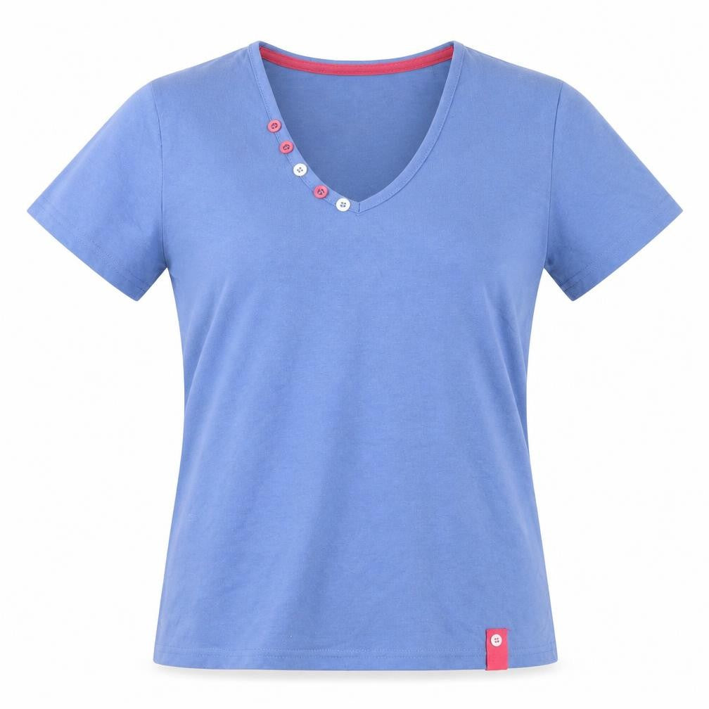 Front view of Amoretti women’s blue polyester basic t-shirt, size S, v-neck -, size S-m