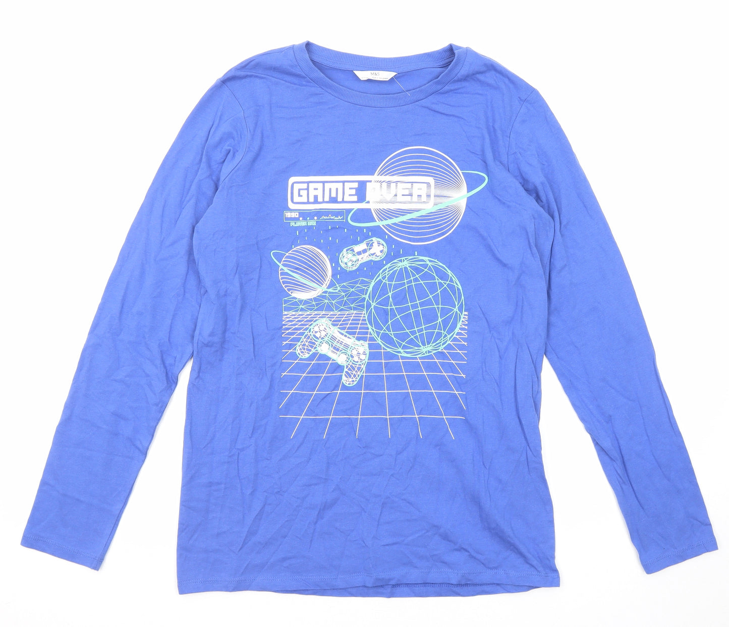 Marks and Spencer Boys Blue Polyester Basic T-Shirt Size 13-14 Years Round Neck Pullover - Game Over