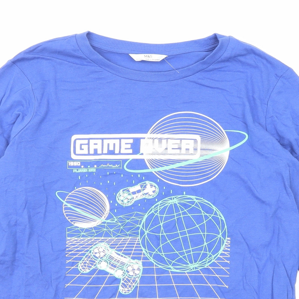 Marks and Spencer Boys Blue Polyester Basic T-Shirt Size 13-14 Years Round Neck Pullover - Game Over