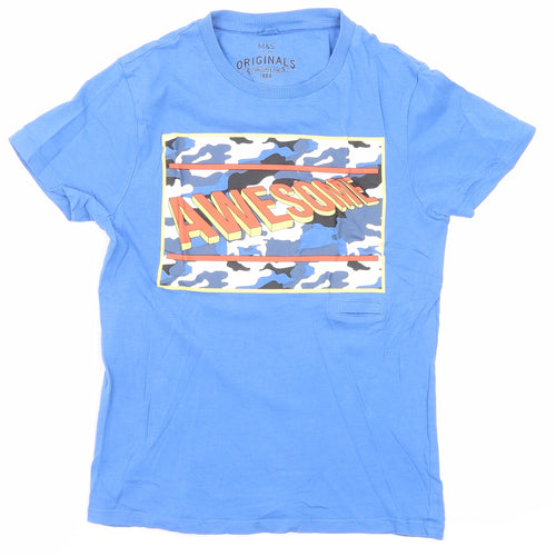 Marks and Spencer Boys Blue Polyester Basic T-Shirt Size 8-9 Years Round Neck Pullover - Awesome