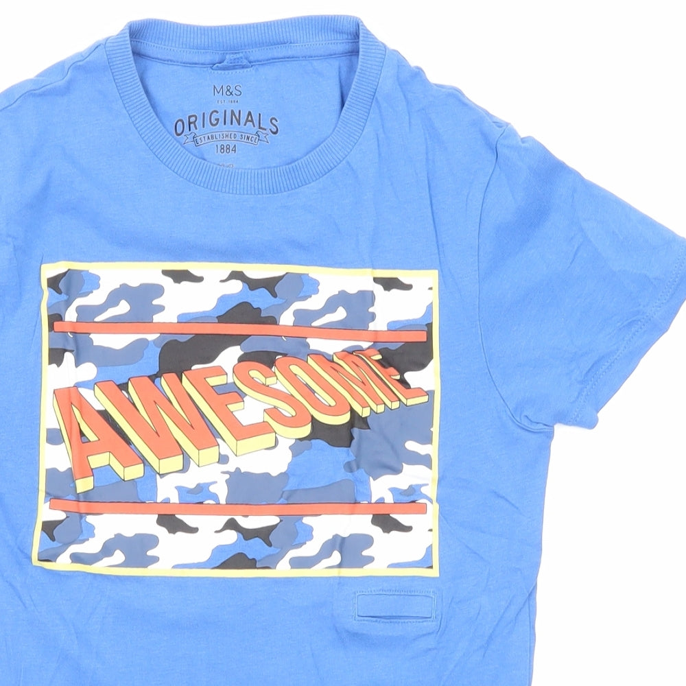 Marks and Spencer Boys Blue Polyester Basic T-Shirt Size 8-9 Years Round Neck Pullover - Awesome