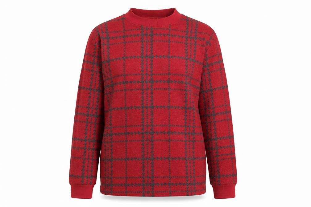 Front view of Next women’s red plaid viscose pullover sweatshirt, size UK 14, pullover