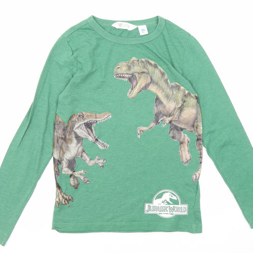 H&M Boys Green Cotton Basic T-Shirt Size 9-10 Years Round Neck Pullover - Jurassic World