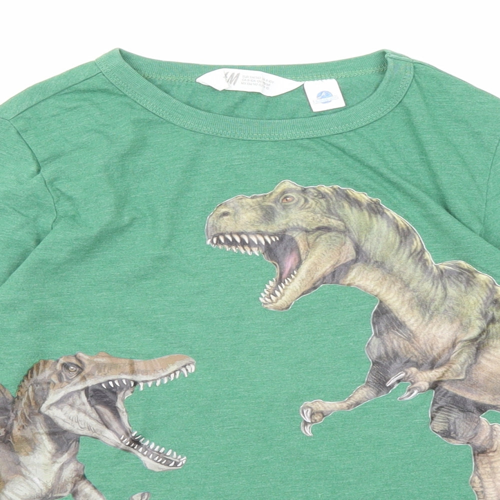 H&M Boys Green Cotton Basic T-Shirt Size 9-10 Years Round Neck Pullover - Jurassic World