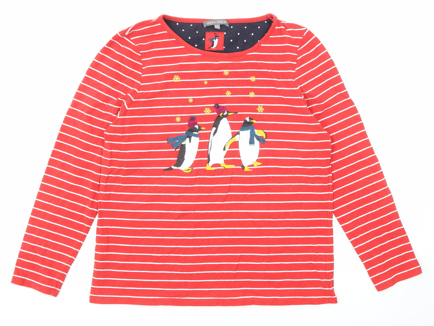 Laura Ashley Womens Red Striped Cotton Basic T-Shirt Size 14 Round Neck - Pinguin
