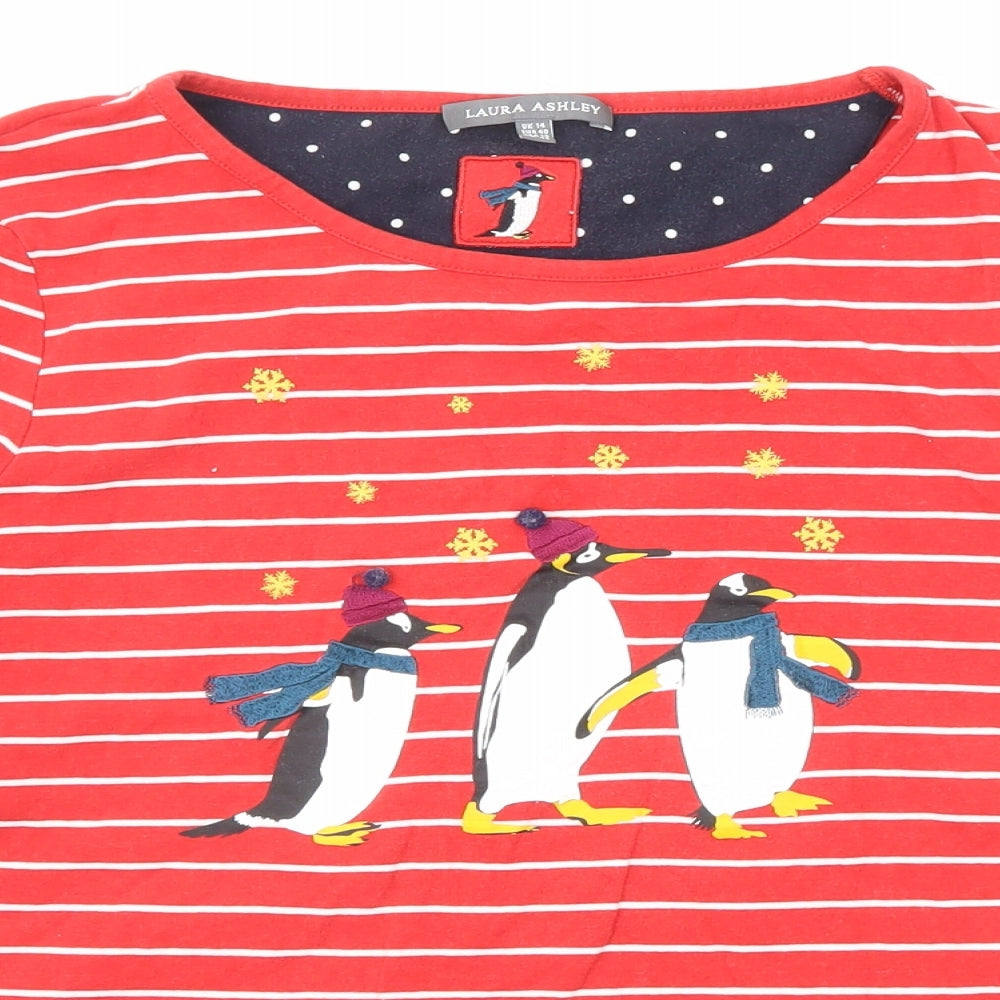 Laura Ashley Womens Red Striped Cotton Basic T-Shirt Size 14 Round Neck - Pinguin