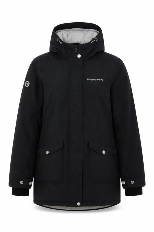 Front view of KangaROOS women’s black windbreaker jacket, size UK 10, zip
