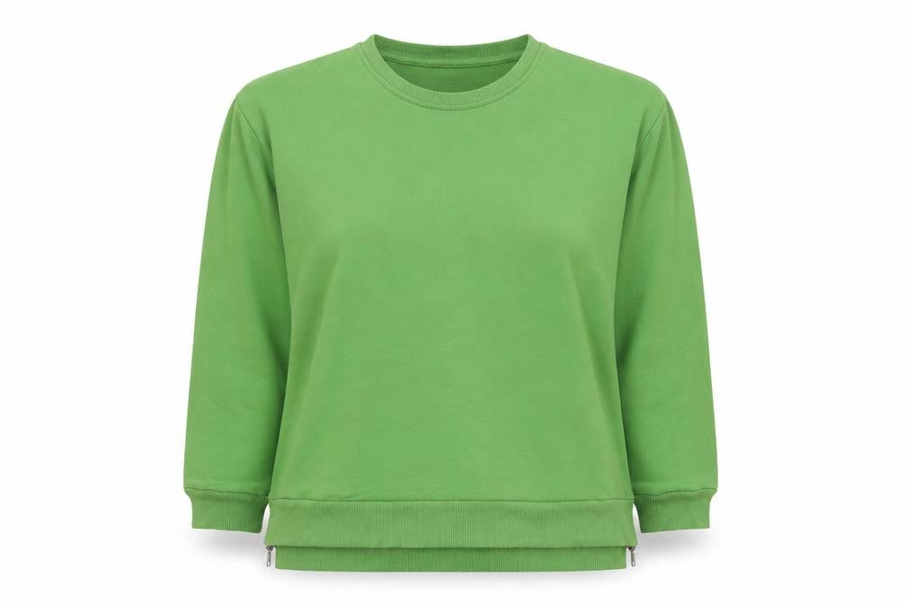 Front view of Dreamo women’s green cotton pullover sweatshirt, size S, pullover - side zip detail